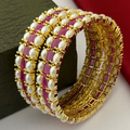 Ruby Pink & Pearl Gold-Tone Bangle Set