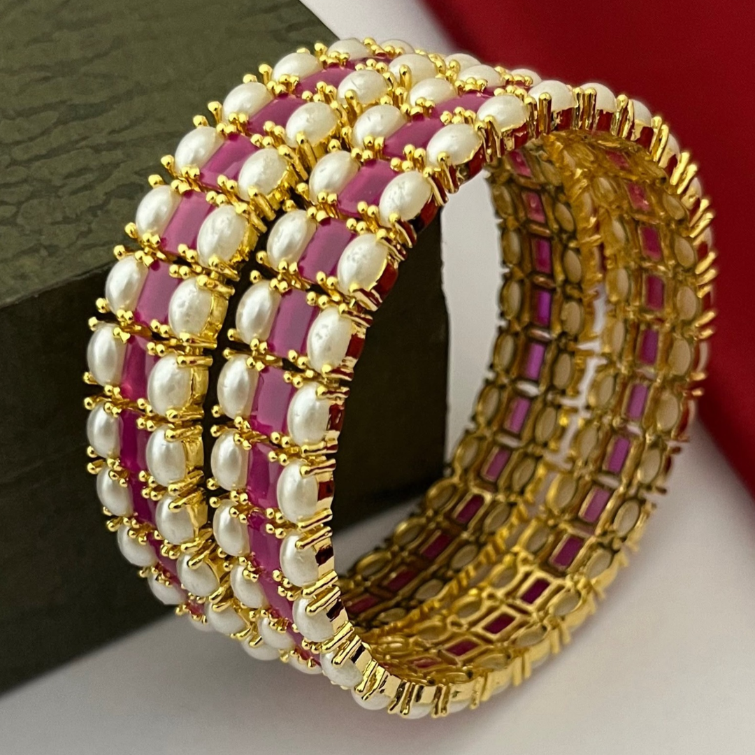 Ruby Pink & Pearl Gold-Tone Bangle Set